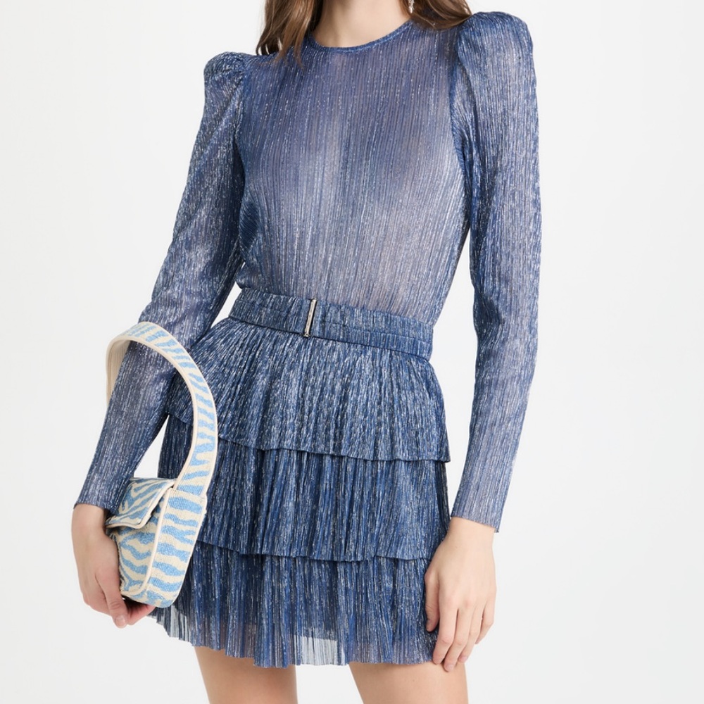 Sabina Musayev Metallic Blue Tiered Pleated Long-Sleeve Mini Dress